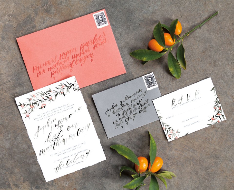 wedding invitation, RSVP card, and envelope